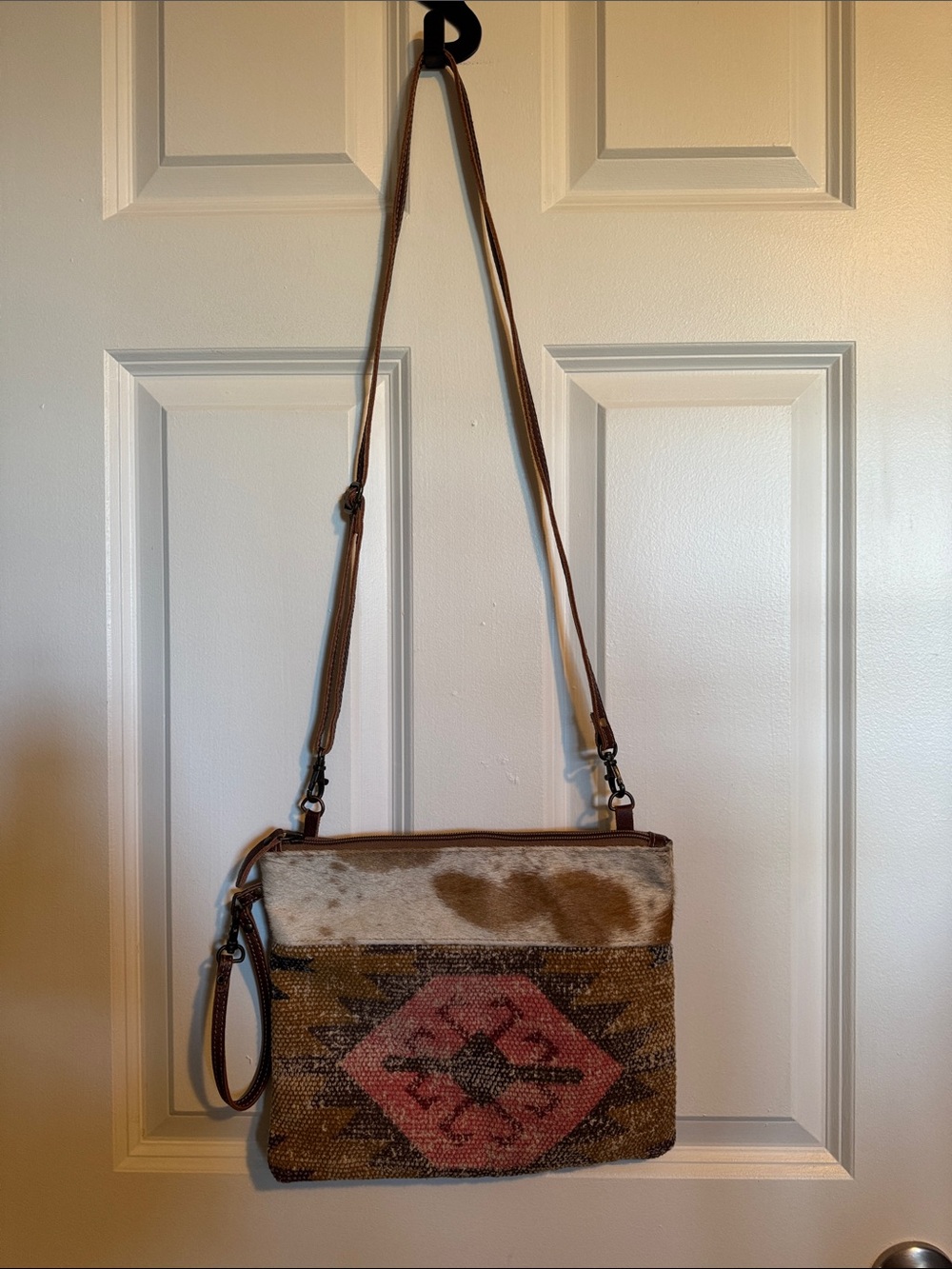 Maya Brown and Pink Aztec Crossbody with Cowhide Trim